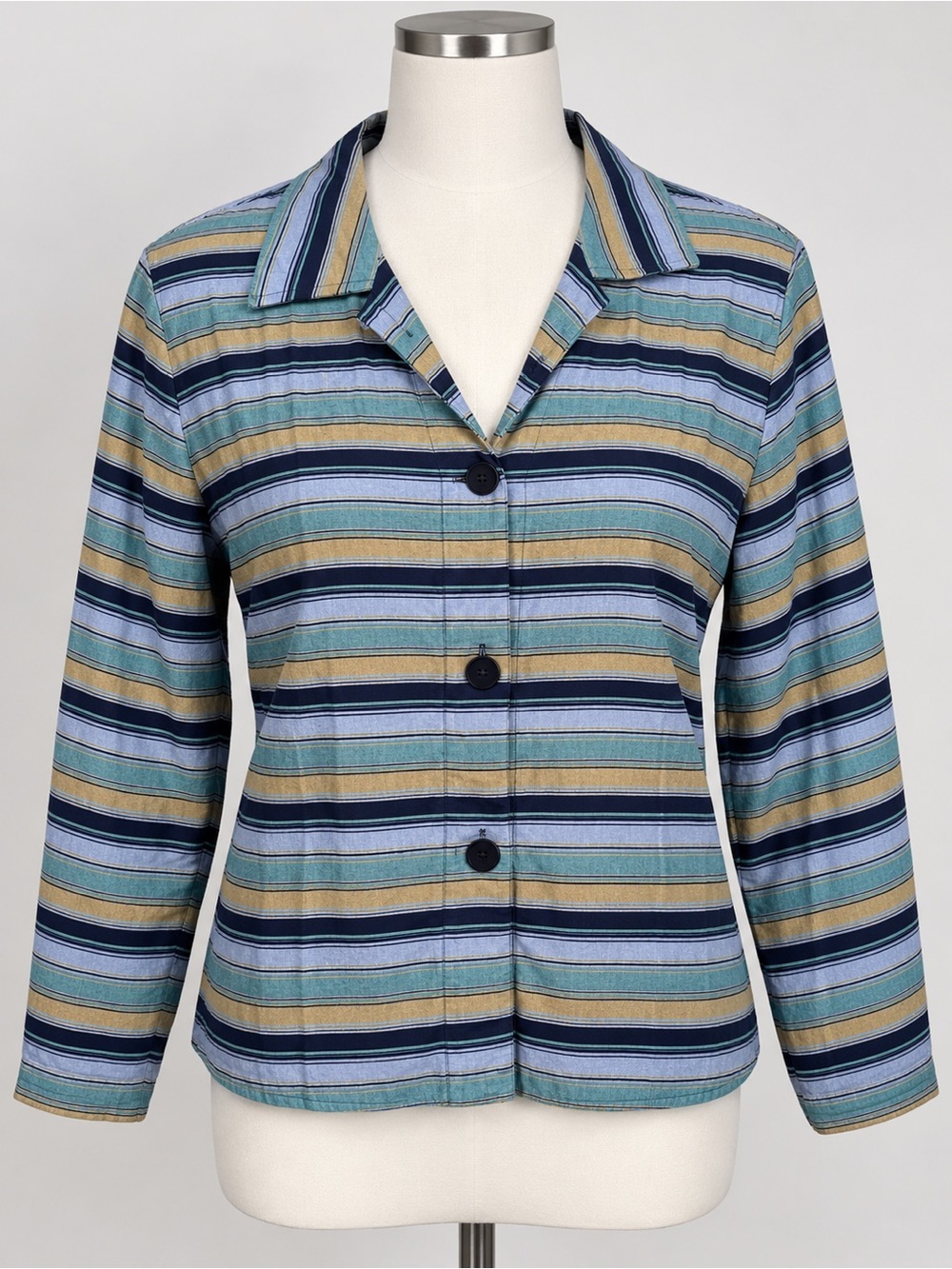 Vintage Sag Harbor Petite Large Striped Button Down Blouse Shoulder Pads